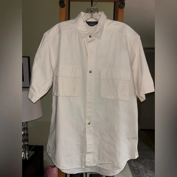 Woolrich-Dyed Pure Cotton Pima Ripstop Short Sleeve Cream Button Up Shirt Size L - Picture 2 of 4